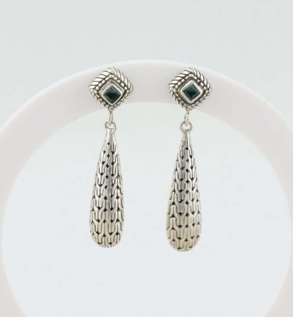 Sterling Silver Lab Created Green Emerald Earrings Dangle Drop 1 1/2" x 3/8"